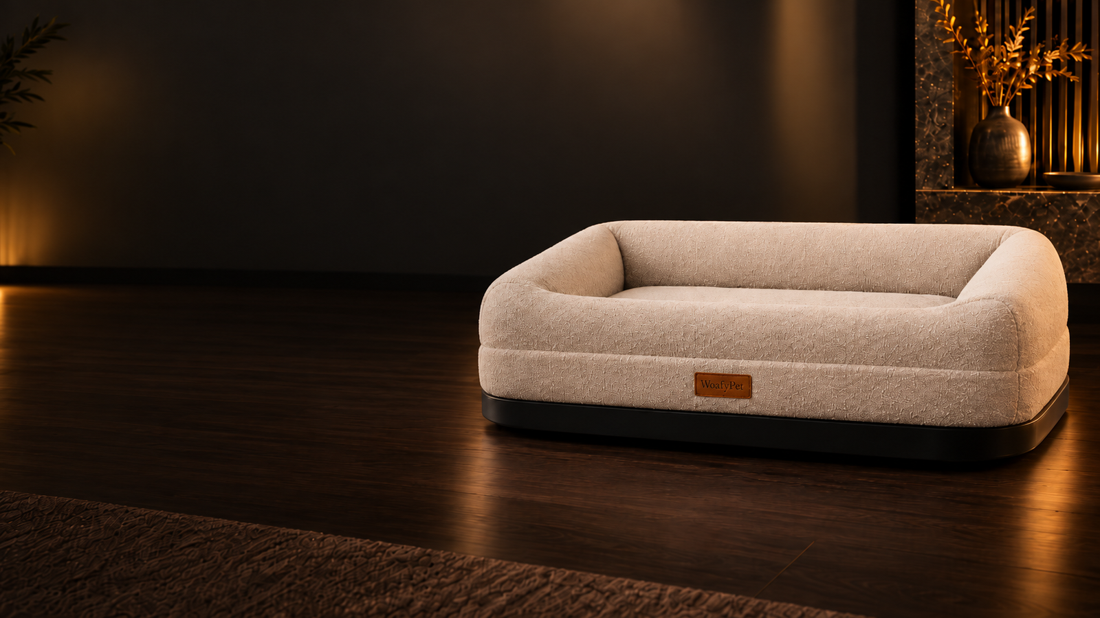 WoafyPet AI health-tracking orthopedic dog bed in a warmly lit living room.