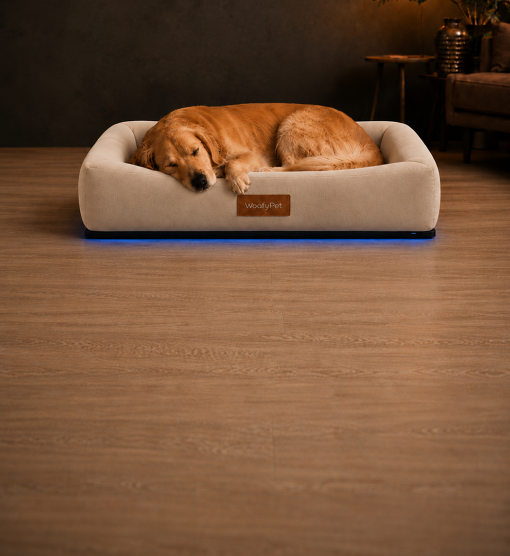 Golden Retriever resting on WoafyPet Bed in a warm home