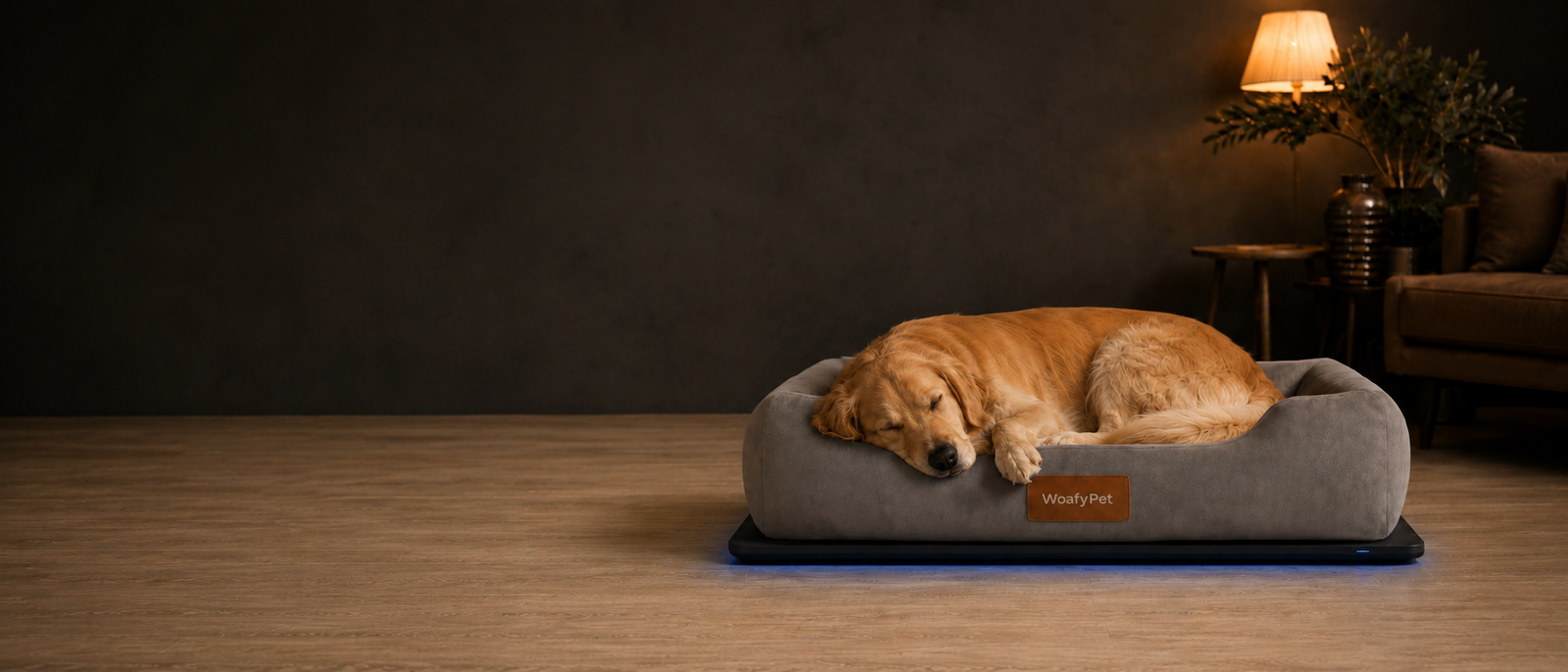 Golden Retriever resting on WoafyPet Bed in a warm home