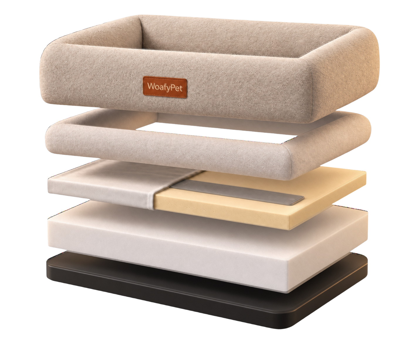 Exploded view of the WoafyPet bed showing its washable cover, supportive bolsters, high-resilience foam, sensor layer, orthopedic core, and smart base.
