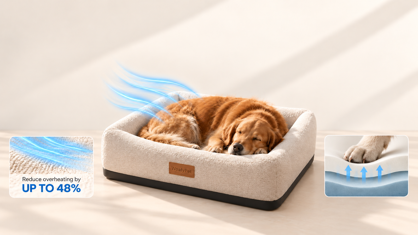 A Golden Retriever resting on the WoafyPet bed, with cooling fabric and orthopedic support details.