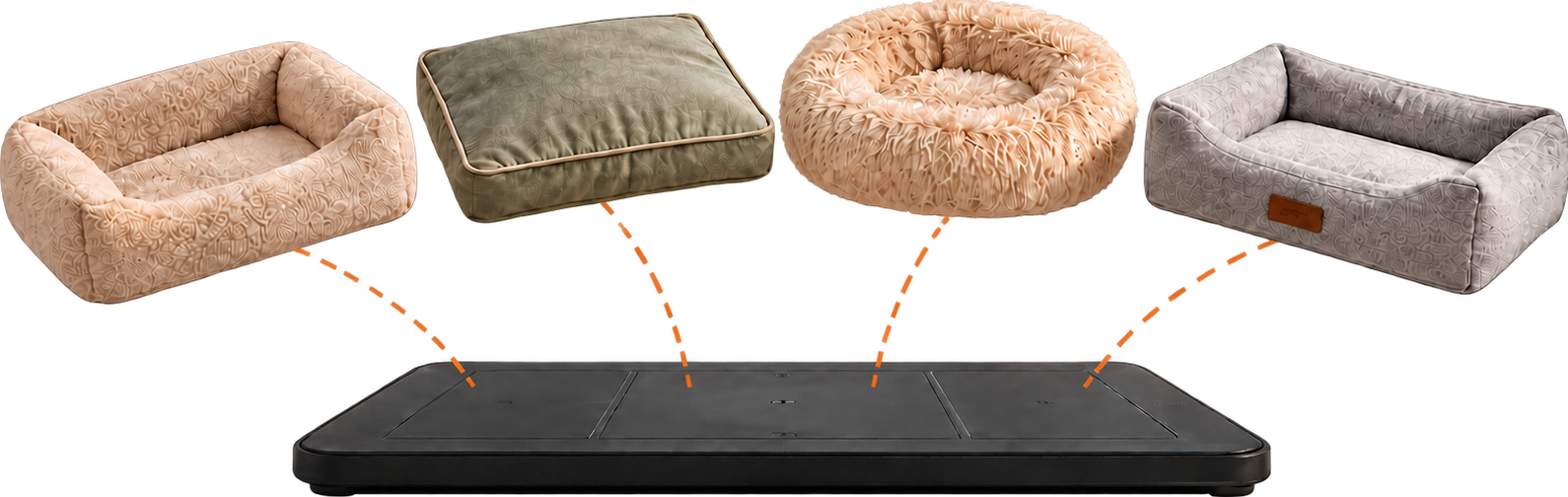 Four compatible dog bed styles positioned above the WoafyPet Smart Base.